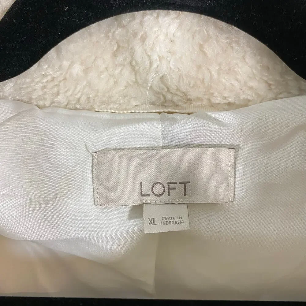 LOFT Women's Cream Button Up Sherpa Funnel Neck Jacket Size XL